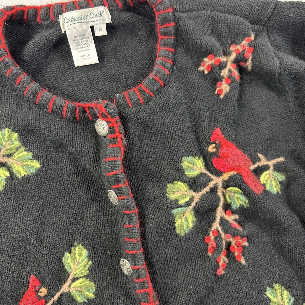 Coldwater Creek Size‎ 1X Vintage Cardigan Sweater Embroidered Cardinal Christmas